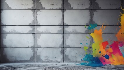 Leinwandbilder - Colorful paint splashes on a textured concrete wall creating a vibrant urban background for creative projects