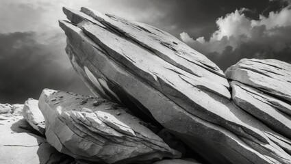 Poster - Monochrome abstract composition of jagged rock formations under dramatic clouds showcasing textures and patterns in nature.