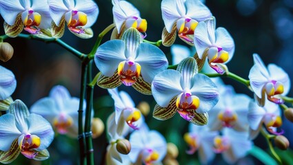 Poster - Phalaenopsis orchids in bloom with white petals and yellow accents against a blurred background in a natural setting