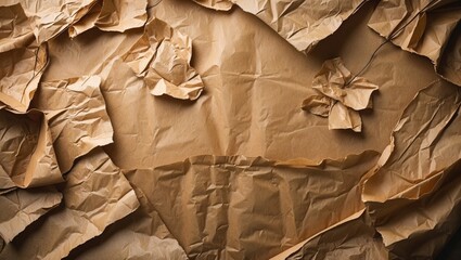 Poster - Crinkled brown kraft paper texture background with various folds and wrinkles in a chaotic arrangement