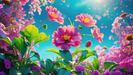 Poster - Vibrant blooming flowers and lush green leaves under bright sunlight showcasing the enchanting beauty of nature in a serene landscape.