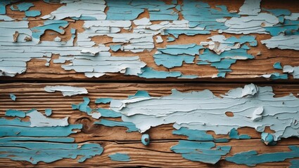 Poster - Weathered wooden surface with peeling blue and white paint revealing natural wood texture beneath