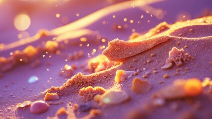 Poster - Detailed close-up of shimmering sand texture with enchanting light effects and scattered small pebbles creating a warm and inviting atmosphere.