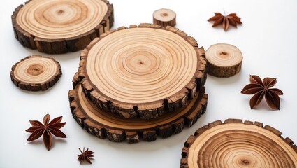 Poster - Natural wood slices arranged artistically with star anise pods on a neutral background for decorative or culinary presentation