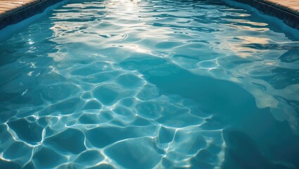 Poster - Calm blue water surface in a swimming pool reflecting light with gentle ripples creating a tranquil summer ambiance.