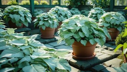 Poster - Lush green potted plants thrive in a serene school garden setting bathed in gentle sunlight showcasing nature's beauty.