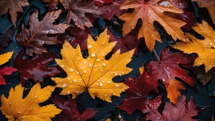 Poster - Autumn foliage texture featuring vibrant wet leaves in rich hues of red and yellow creating a visually appealing seasonal backdrop