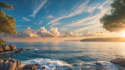 Poster - Serene Coastal Sunset Over Calm Waters With Lush Greenery And Dramatic Cloudscape