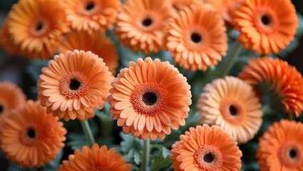 Poster - Vibrant orange gerbera daisies in full bloom showcasing lush petals and rich green foliage ideal for floral design and nature themes.
