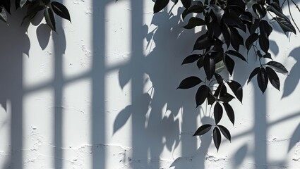 Poster - Leafy shadows cast on a textured white wall creating an interplay of light and dark patterns with natural elements.
