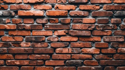 Poster - Red brick wall with weathered texture and mortar joints showcasing traditional construction style in urban settings.