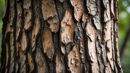 Poster - Detailed close-up of textured tree bark highlighting its unique patterns and natural colors in a serene outdoor setting.