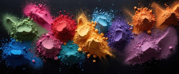 Poster - Colorful powdered pigments arranged in vibrant piles on a black background creating a striking abstract visual composition.