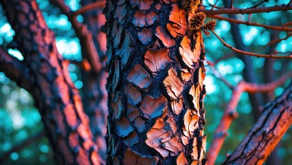 Poster - Textured bark of a pine tree illuminated by vibrant colors against a blurred natural background showcasing intricate patterns and details.
