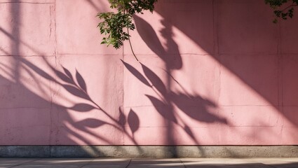 Poster - Pink wall with leaf shadows cast by sunlight, showcasing natural textures and urban art, creating a serene architectural detail.