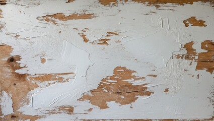 Poster - Textured wooden surface with peeling white paint and exposed natural wood grain indicating age and wear