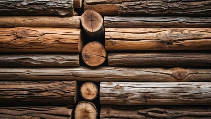 Poster - Rustic wooden log wall texture showcasing natural variations in color and grain for architectural and design applications.