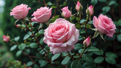 Poster - Delicate pink roses blooming on lush green bush showcasing nature's beauty and elegance in a serene garden setting.