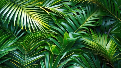 Poster - Lush tropical palm leaves creating a vibrant green abstract background for design and nature themes