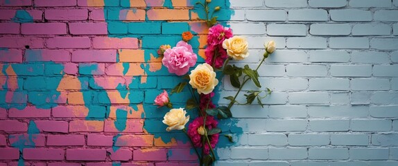 Poster - Vibrant brick wall with floral arrangement showcasing colorful painted background and contrasting white texture ideal for creative design projects