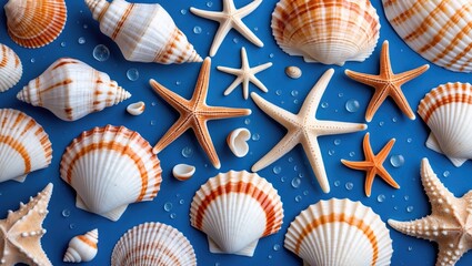 Poster - Seashells and starfish arranged on a vibrant blue background with water droplets creating a serene coastal atmosphere