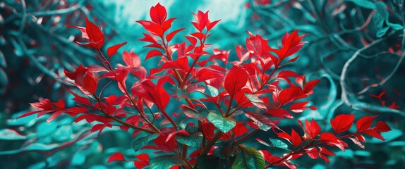 Poster - Vibrant red leaves of a plant surrounded by a mystical blue-green blurred background in a natural setting