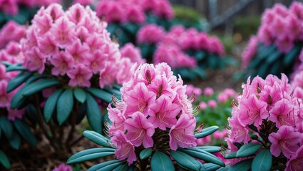 Poster - Vibrant Pink Rhododendron Blooms Showcasing Spring Garden Beauty With Lush Green Foliage In A Natural Setting.