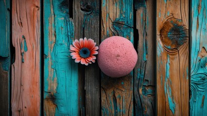 Poster - Colorful wooden surface with blue and orange tones featuring a pink spherical object and a flower in the foreground