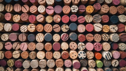 Poster - Collection of assorted used wine corks displayed in a closeup view showcasing textures and colors for background or design use.