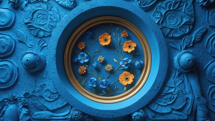 Poster - Vibrant Blue Stucco Wall with Decorative Floral Medallion and Gold Accents Ideal for Background or Texture in Creative Designs.
