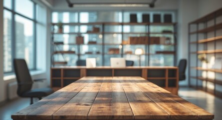 Poster - Modern office interior with wooden table, chairs, shelves, and large windows showing cityscape in bright daylight