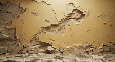 Poster - Cracked beige wall with rough texture and peeling paint creates a distressed and vintage aesthetic suitable for various backgrounds.