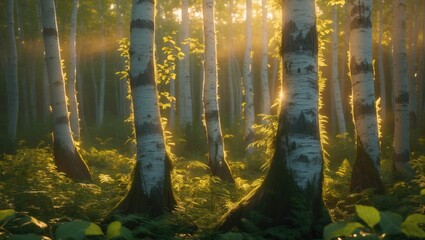 Poster - Sunlight filtering through a dense birch forest with lush green ferns and illuminated tree trunks creating a serene natural atmosphere