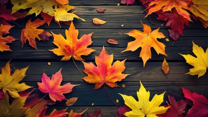 Poster - Colorful Autumn Leaves on Rustic Wooden Surface with Copy Space for Text or Design Use