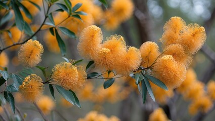 Poster - Vibrant clusters of golden mimosa flowers surrounded by lush green leaves in a natural setting.