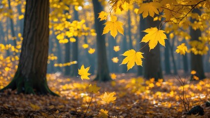 Poster - Golden autumn leaves in a serene woodland setting sunlight filtering through yellow maple trees create a tranquil atmosphere in the UK forest.
