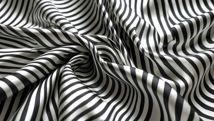Poster - Black and white striped fabric texture with smooth folds and creases creating a dynamic visual pattern