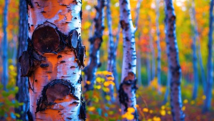 Poster - Vibrant autumn birch trees with distinctive white bark and colorful foliage in a serene forest setting. Nature's beauty in focus.