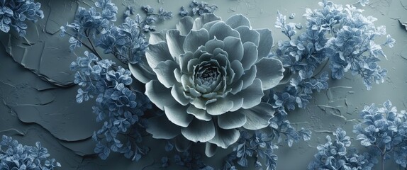 Poster - Elegant monochromatic grey textured background with intricate floral elements and a large succulent centerpiece.