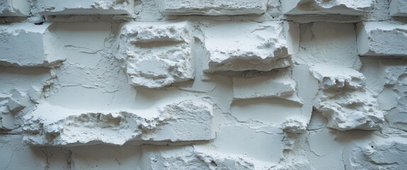 Poster - White textured wall with rough plastered stone blocks in various shapes and sizes creating a rustic appearance