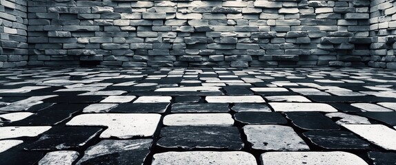Poster - black and white textured paving stone floor with contrasting wall for architectural or design backgr
