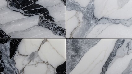 Poster - textured marble tiles in black and white displaying natural stone patterns and variations in color a