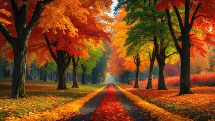 Poster - Vibrant autumn landscape with colorful foliage displaying shades of green, yellow, orange, and red along a picturesque tree-lined pathway.