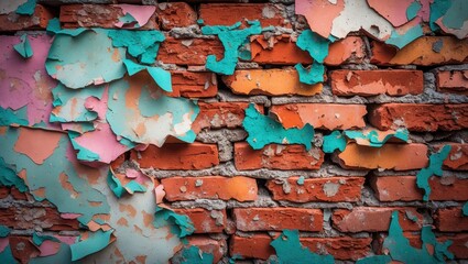 Poster - Vintage brick wall with peeling paint in various colors including pink, blue, and orange textures and layers close-up detailed view