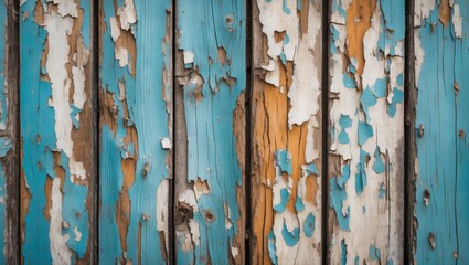 Poster - weathered wooden planks with blue and white peeling paint and visible cracks and texture detail