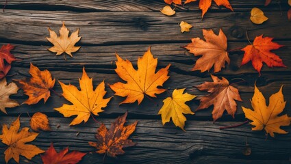 Poster - Colorful autumn leaves scattered on rustic wooden surface creating a warm and inviting seasonal background for nature-themed designs.