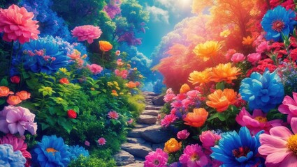 Poster - Vibrant floral pathway in a colorful garden creating a seamless nature pattern perfect for backgrounds and design projects.