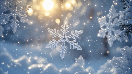 Poster - Snowflakes glistening in soft sunlight creating a serene winter wonderland atmosphere with gentle falling snow and bokeh effect in the background