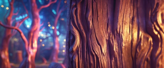 Poster - Textured artificial wood surface with vivid colors and enchanting background atmosphere featuring illuminated trees and mystical setting.