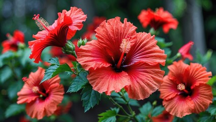 Poster - Vibrant red Hibiscus flowers blooming in lush greenery showcasing their stunning petals and rich color detail in a tropical setting.